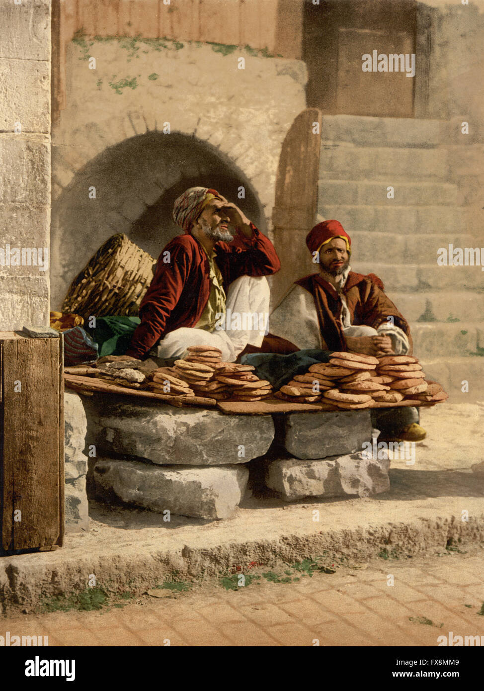 Bread Sellers, Jerusalem, Holy Land, Photochrome Print, circa 1900 Stock Photo