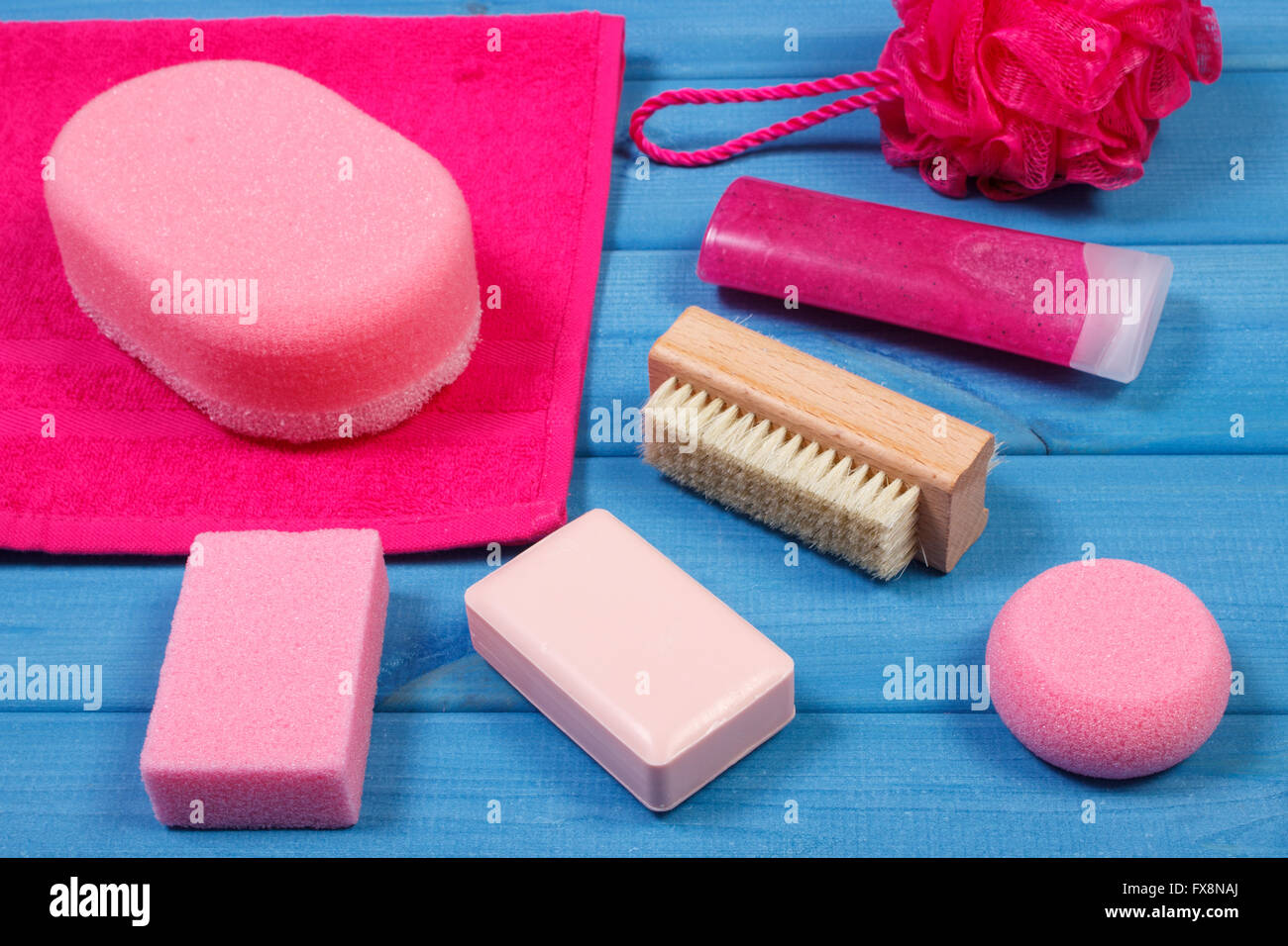 Cosmetics and accessories for personal hygiene in bathroom, soap, body