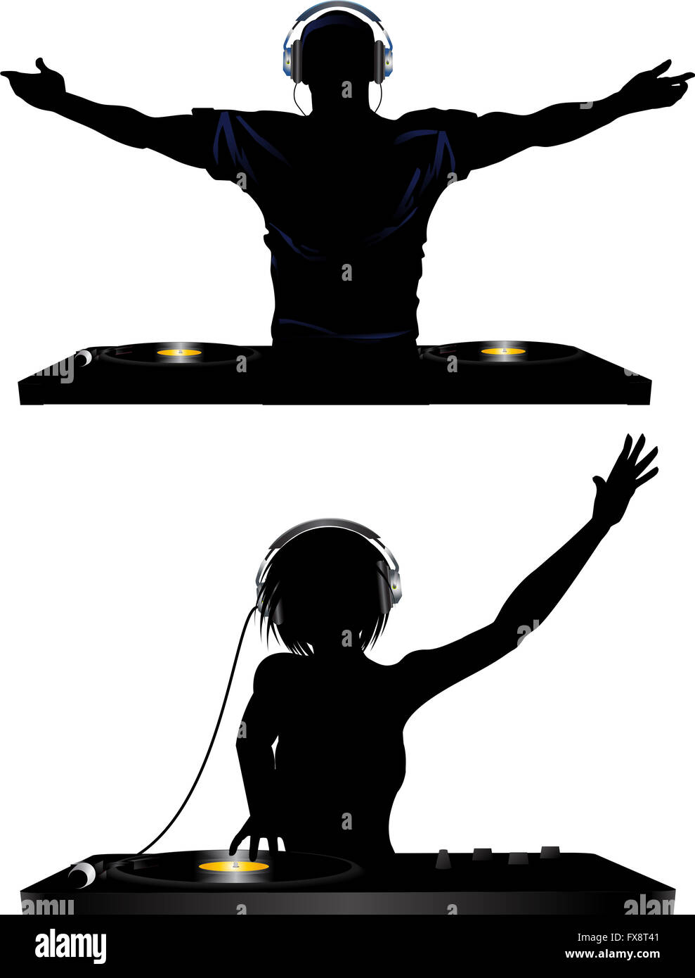 Male and Female Silhouette of DJ Playing Records with Headphones and