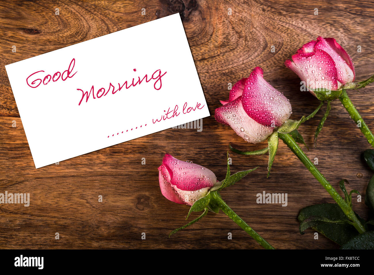 Three White And Pink Rose With Water Drops And Paper With Good