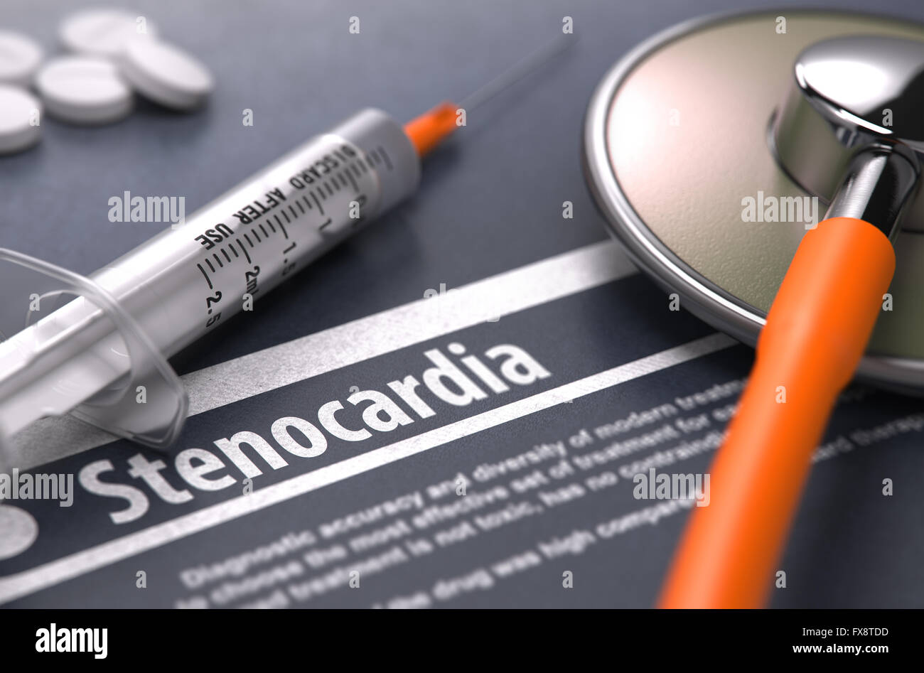 Stenocardia - Printed Diagnosis on Grey Background. Stock Photo