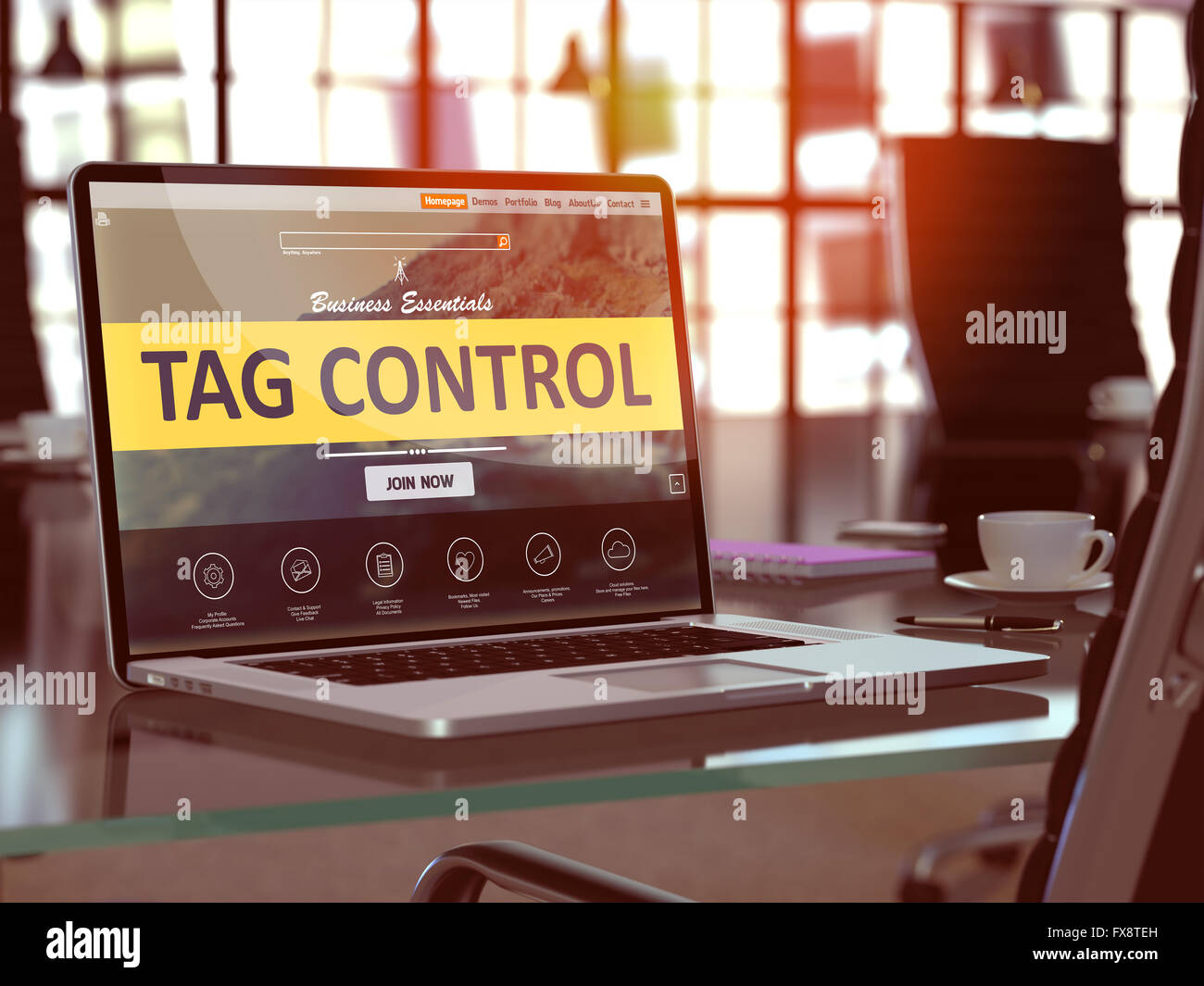 Tag Control on Laptop in Modern Workplace Background. Stock Photo