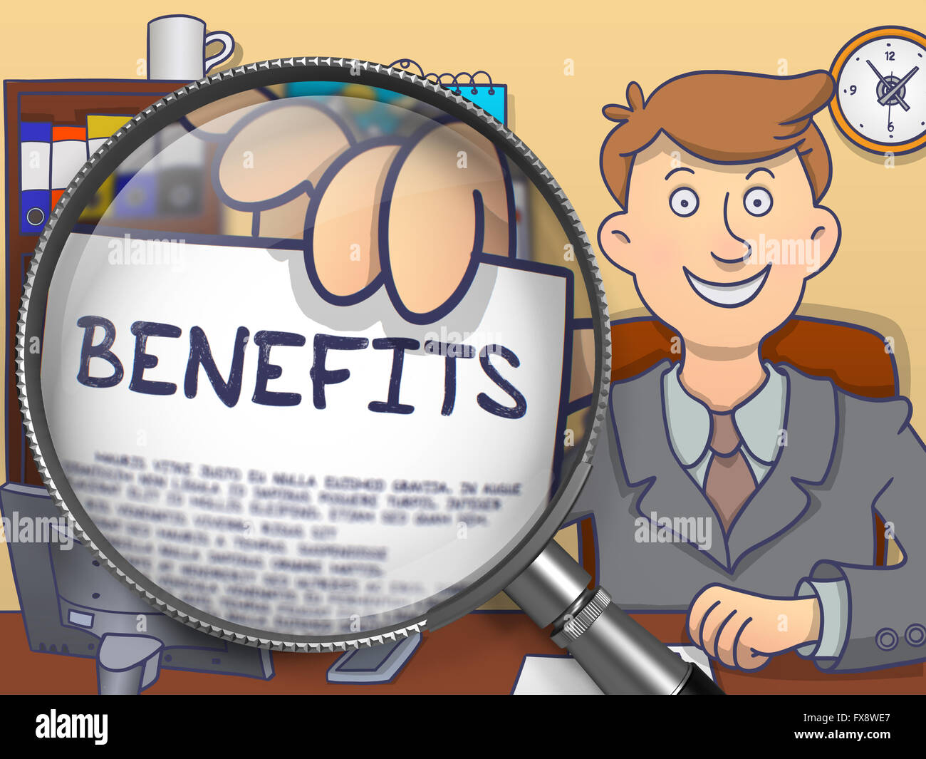 Benefits through Magnifying Glass. Doodle Style Stock Photo Alamy