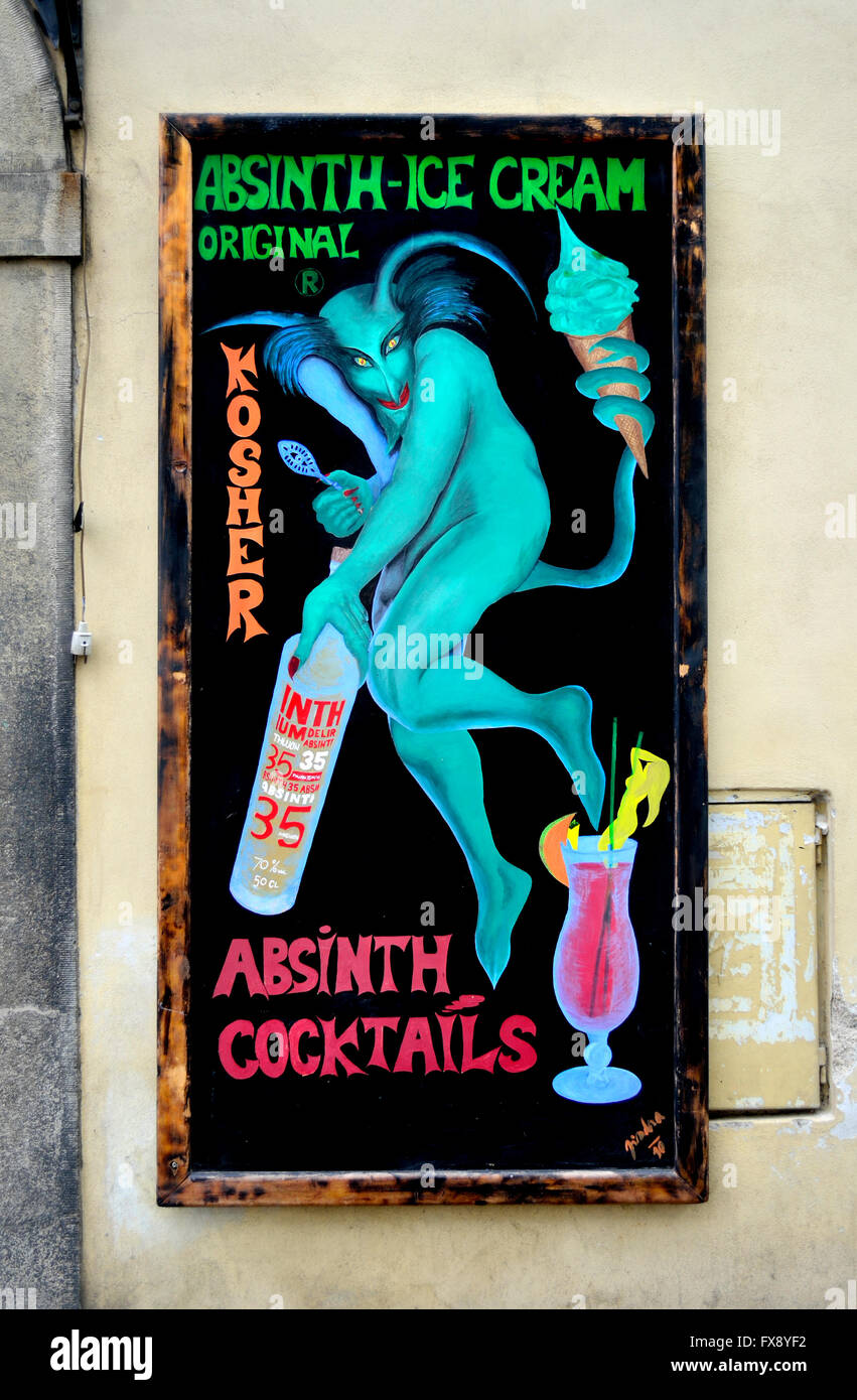 Prague, Czech Republic. Absinthe shop at the top of Nerudova (street) where it meets Uvoz Stock Photo