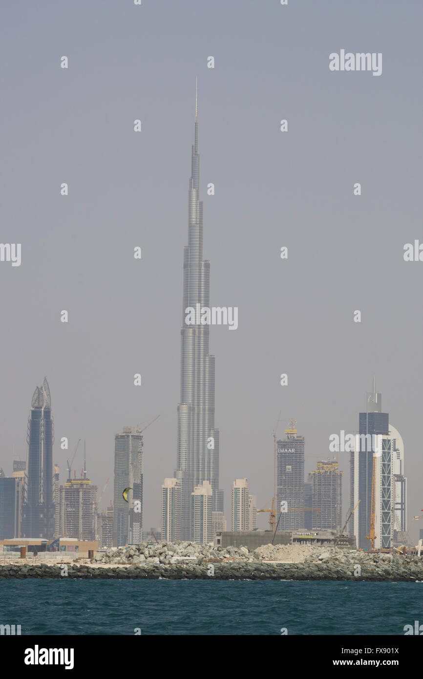 Burj Al Khalifa - tallest building in the world as viewed from Dubai Bay Stock Photo