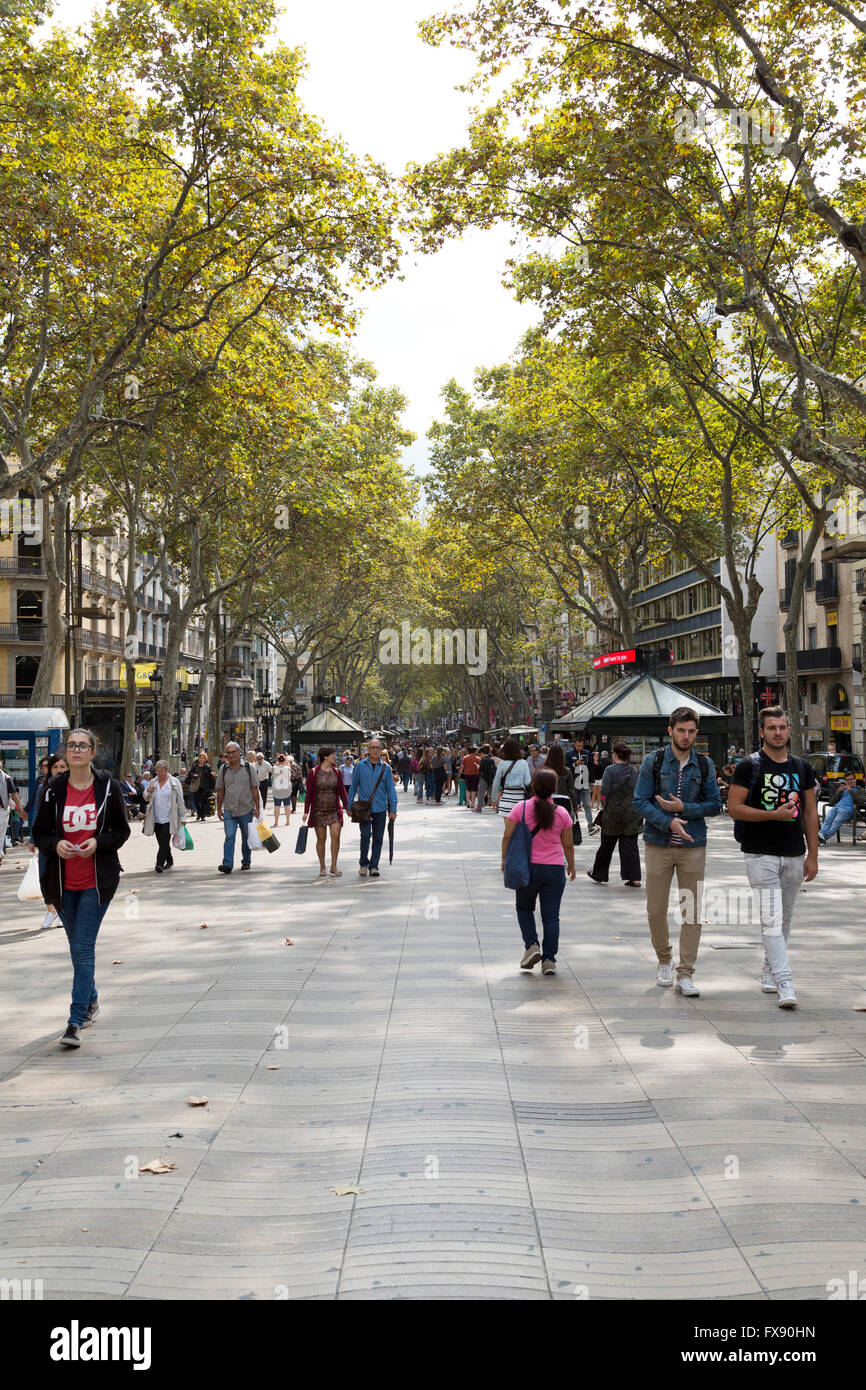A look from the north down the Ramblas, Barcelona's main pedestrian boulevard. Stock Photo