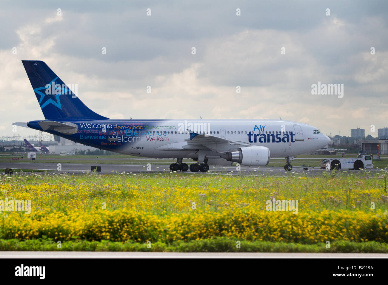 An Air Transat airplane is moved on the tarmac at Pearson International airport in Toronto, Ont., on Tuesday July 14, 2015. Stock Photo