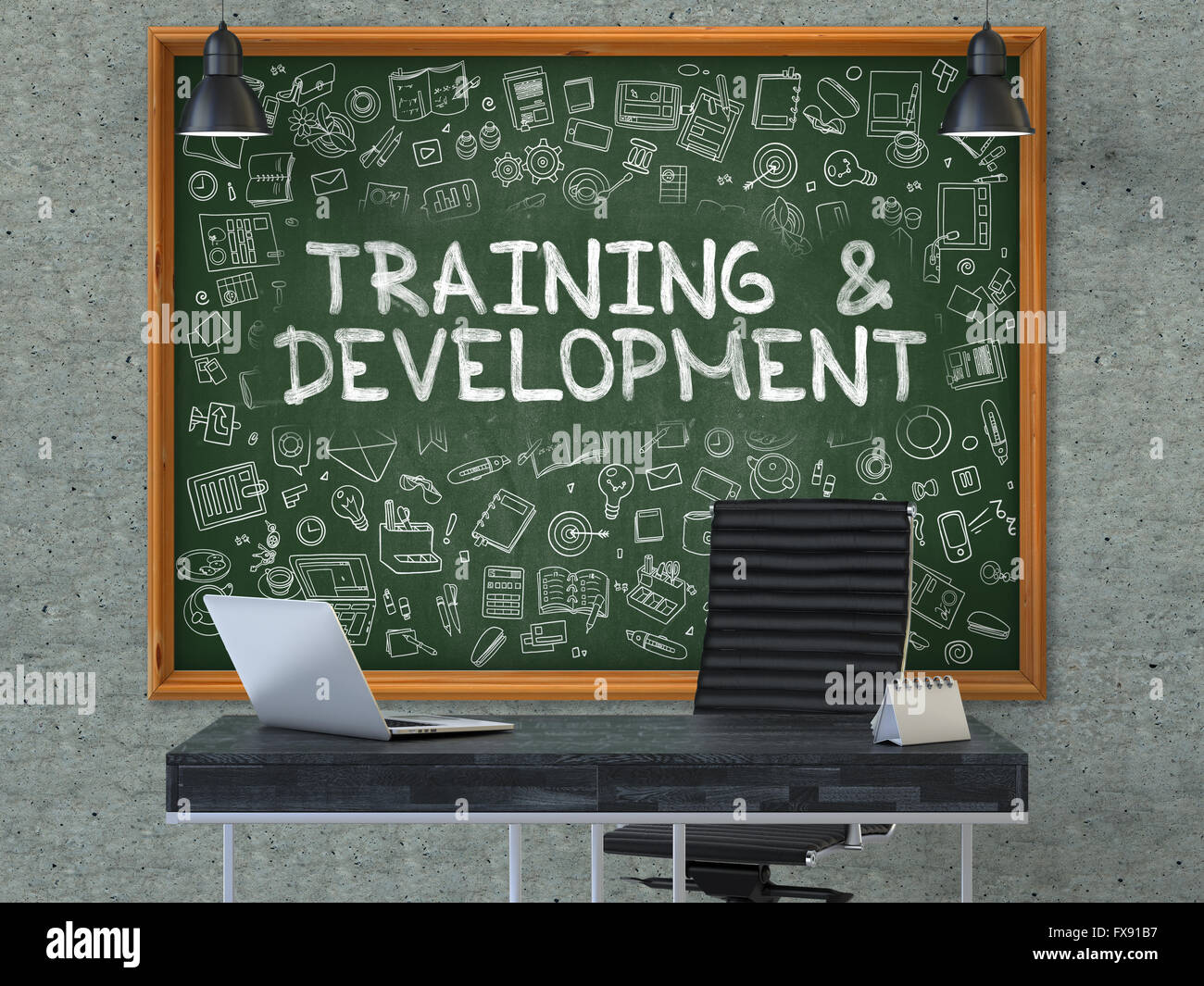 Training and Development Concept. Doodle Icons on Chalkboard Stock ...