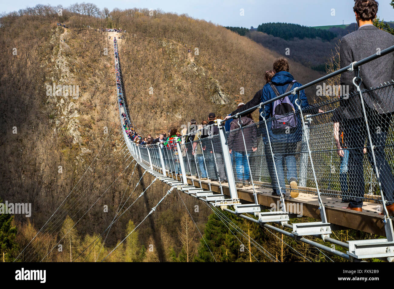Suspension bridge Geierlay, between villages Mörsdorf and Sosberg, 360 meters in length, longest suspension bridge in Germany Stock Photo