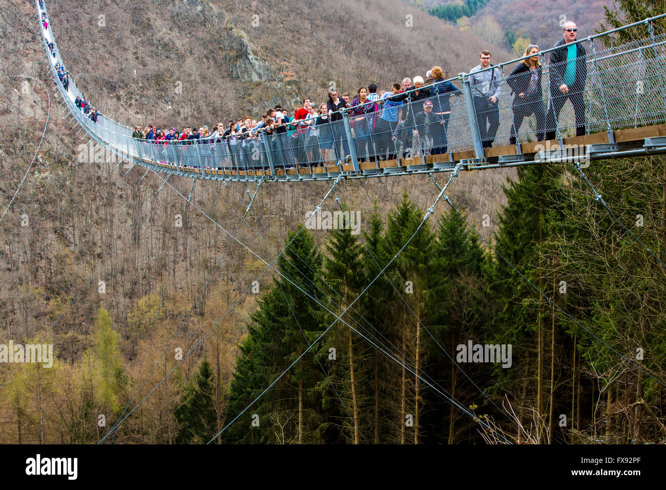 Suspension bridge Geierlay, between villages Mörsdorf and Sosberg, 360 meters in length, longest suspension bridge in Germany Stock Photo