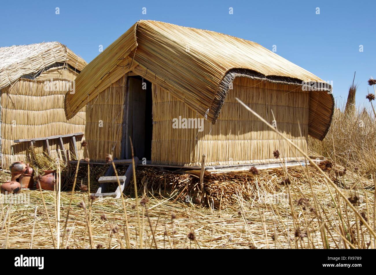 Reed hut/s on a reed island of the Peruvian Uros people, living five ...
