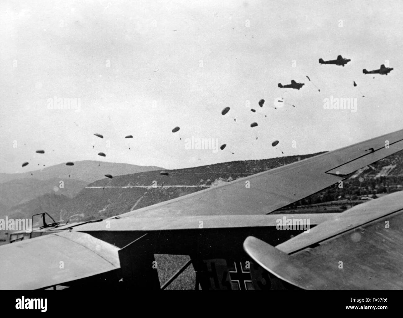 The Nazi propaganda picture shows the 500th SS-Parachute Battalion during the attack of the city of Drvar in Yugoslavia. The photo was taken at the end of May/beginning of June 1944. The goal of the so called 'Operation Roesselsprung' was the destruction of the superior headquarter of the Yugoslav Partisans and the capture of its leader Josip Broz Tito. Fotoarchiv für Zeitgeschichtee - NO WIRE SERVICE - Stock Photo