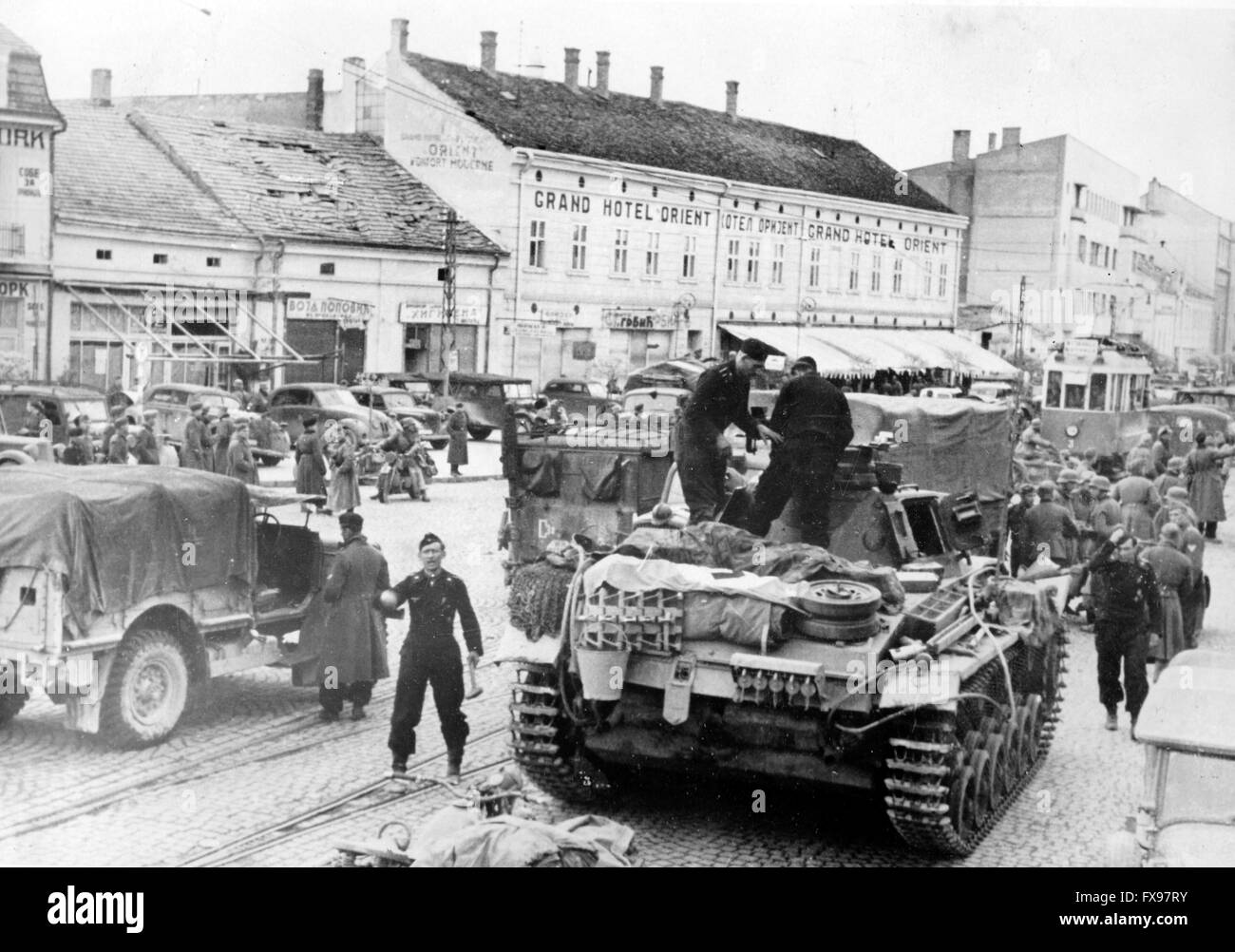 The Nazi propaganda image depicts soldiers of the German Wehrmacht on advance in Nis, Yugoslavia, April 1941. Fotoarchiv für Zeitgeschichtee - NO WIRE SERVICE - Stock Photo