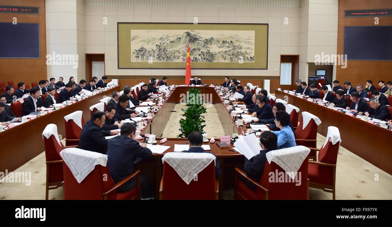Beijing, China. 11th Apr, 2016. Chinese Premier Li Keqiang presides over a State Council special workshop to study relevant issues concerning the full replacement of business tax with value-added tax (VAT) in Beijing, capital of China, April 11, 2016. © Zhang Duo/Xinhua/Alamy Live News Stock Photo