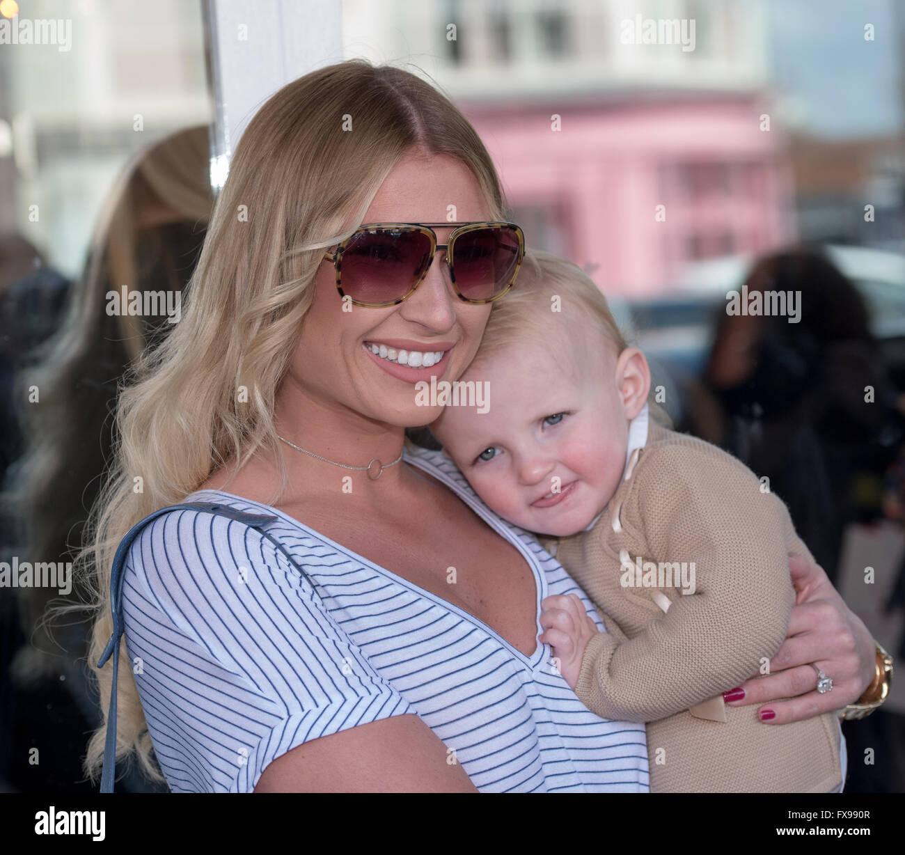 Brentwood, Essex, UK. 12th April, 2016.  Billie Faiers and Nelly, outside Amy Childs beauty salon in Brentwood, Essex Credit:  Ian Davidson/Alamy Live News Stock Photo