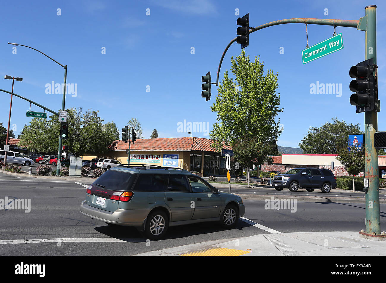 April 5, 2016 - Napa, CA, U.S. - This intersection, at Claremont Way and Trancas Street, is one of 26 traffic signals that the city of Napa and Caltrans will study in a signal timing study after receiving a grant from the Metropolitan Transportation Commission. (Credit Image: © Napa Valley Register via ZUMA Wire) Stock Photo