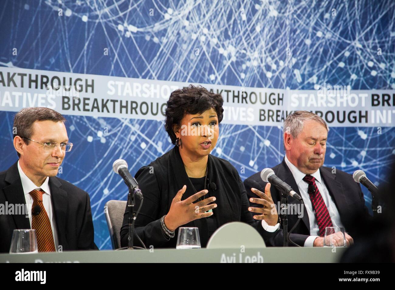 New York, USA. 12th Apr, 2016. NASA astronaut Mae Jemison (C) speaks at the "StarShot" project press conference at One World Observatory in New York, the United States, April 12, 2016. British astrophysicist Stephen Hawking announced here Tuesday he is teaming up with Russian billionaire Yuri Milner and a group of scientists for a new "Starshot" space exploration program, which will build tiny spacecraft called "nanocraft" capable of reaching the Alpha Centauri star system in approximately 20 years after launch. Credit:  Li Changxiang/Xinhua/Alamy Live News Stock Photo