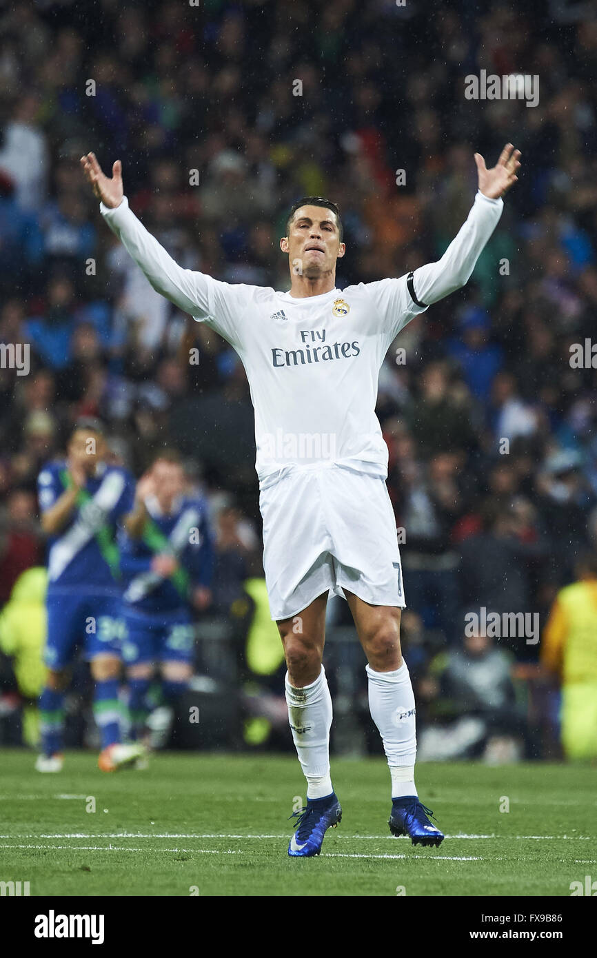 Madrid, Spain. 12th Apr, 2016. Cristiano Ronaldo (forward; Real Madrid) in  action during the UEFA Champions League quarter-final second leg football  match between Real Madrid vs Wolfsburg at Santiago Bernabeu on April