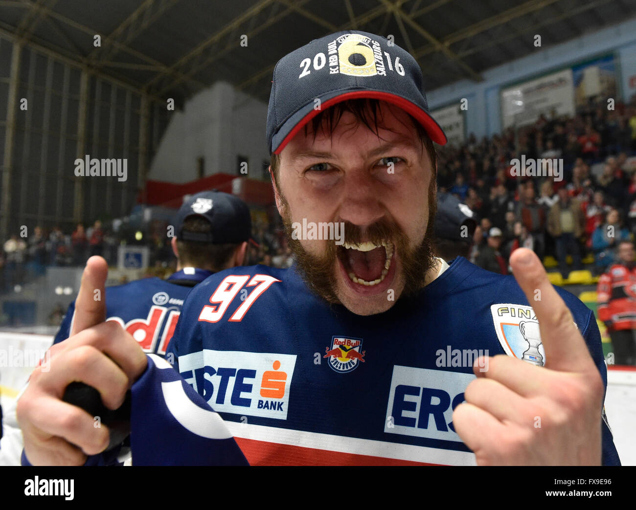 Znojmo, Czech Republic. 12th Apr, 2016. EC Red Bull Salzburg defended the title in Erste Bank Eishockey Liga (EBEL). The Austrians won on Tuesday final 6 in Znojmo, Czech Republic 4:3 and the series 4:2, April 12, 2016. © Vaclav Salek/CTK Photo/Alamy Live News Stock Photo