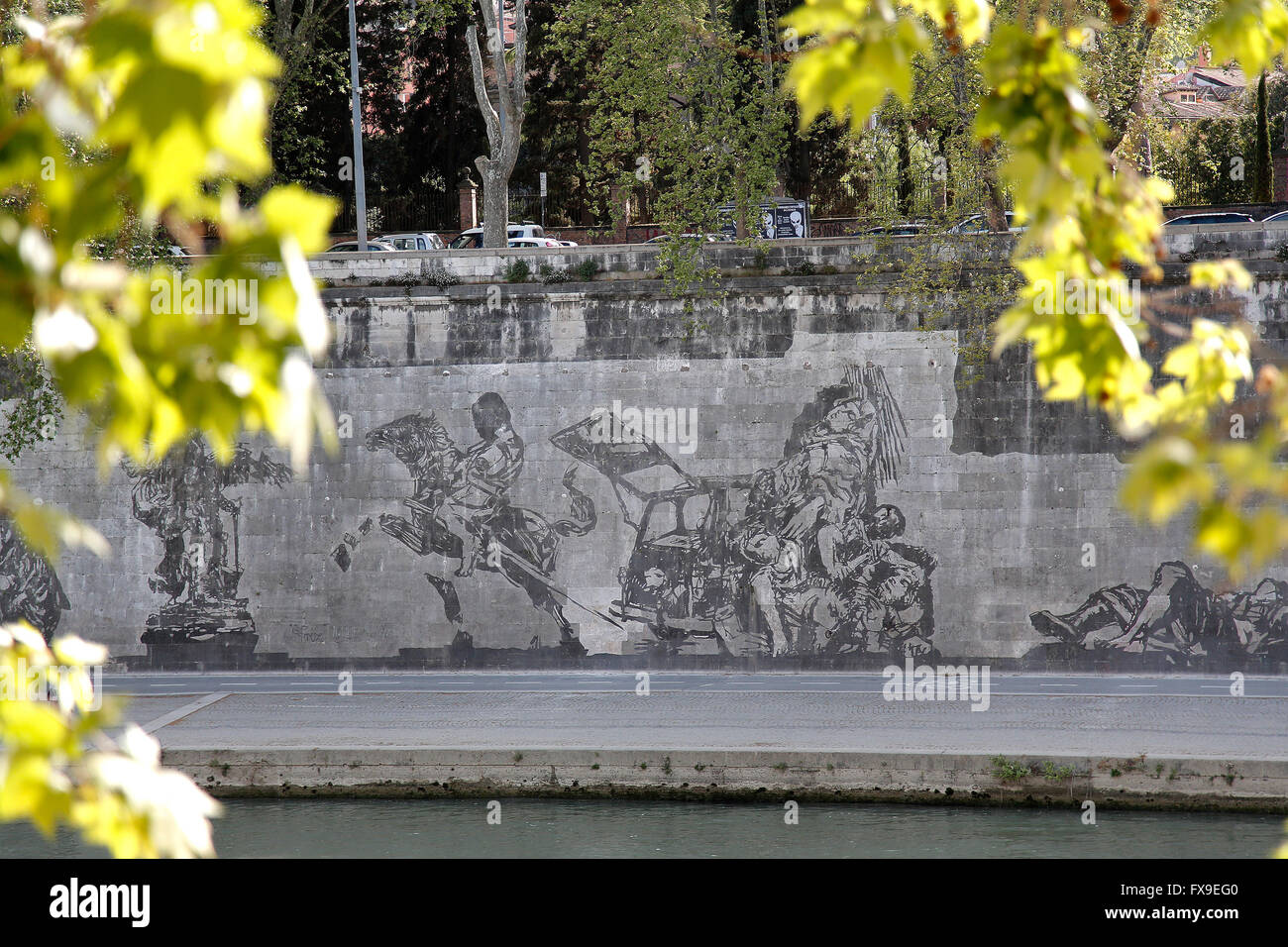 The finding of the body of Aldo Moro, killed by the Red Brigades (Brigate Rosse) in 1978 Rome 12th April 2016. The longest series of murals in Rome was just ended along the river Tiber by the South African artist William Kentridge, titled 'Triumphs and Laments'. The artist used a very simple, ecologic technique to realize the paintings: he 'cleaned' the layer of smog covering the walls along the river with vapor. The mural, 550mt long and made of 80 figures 10mt tall, tells the story, made of Triumphs and Laments, of Rome. Stock Photo