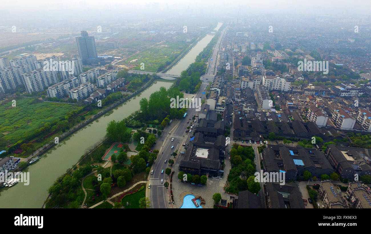 Yangzhou. 13th Apr, 2016. The aerial photo taken on April 13, 2016 shows the spring scenery of Yangzhou section of Beijing-Hangzhou Grand Canal in Yangzhou, east China's Jiangsu Province. Credit:  Meng Delong/Xinhua/Alamy Live News Stock Photo
