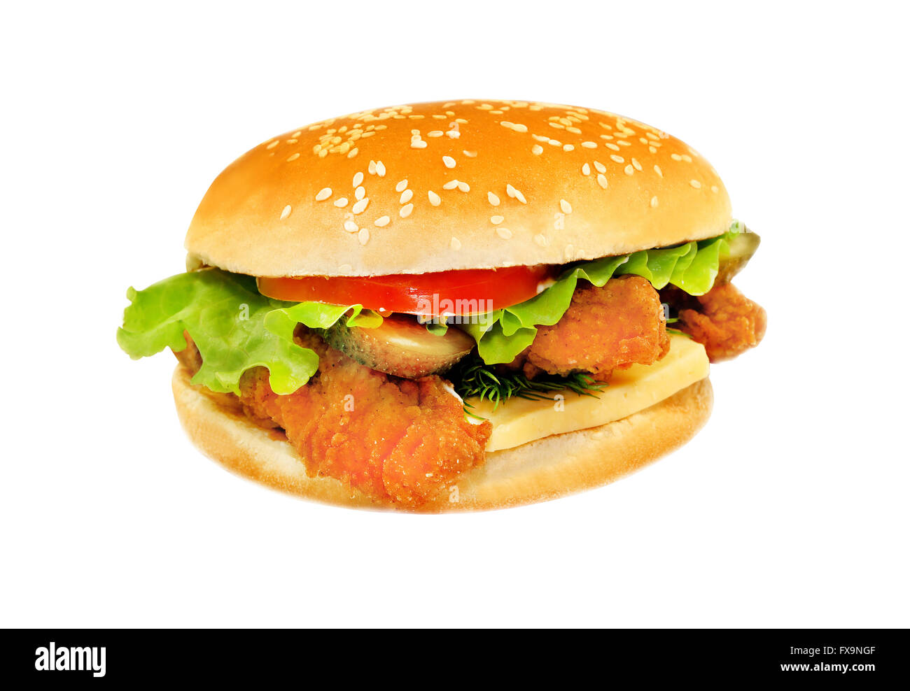 Delicious Burger with meat and vegetables photographed closeup on a white background Stock Photo