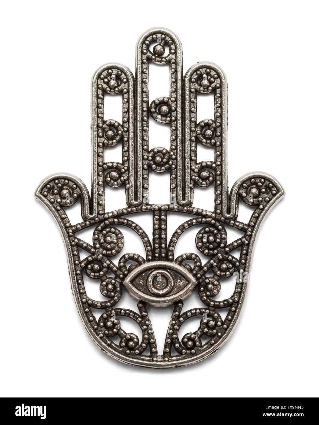 Hand Amulet with All Seeing Eye Isolated on White Background. Stock Photo