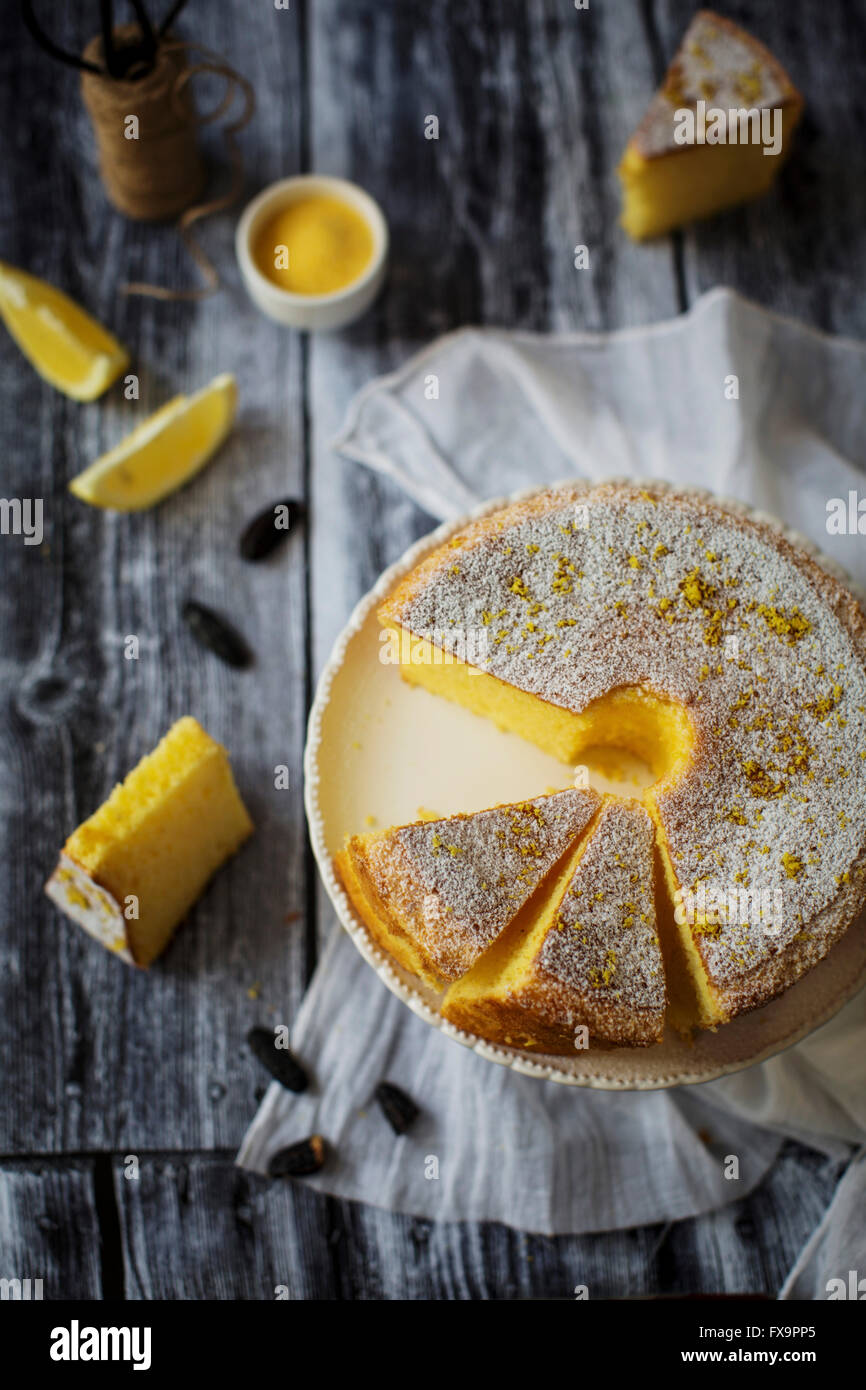 Fluffy and gluten free sponge cake, flavored with lemon and tonka bean Stock Photo