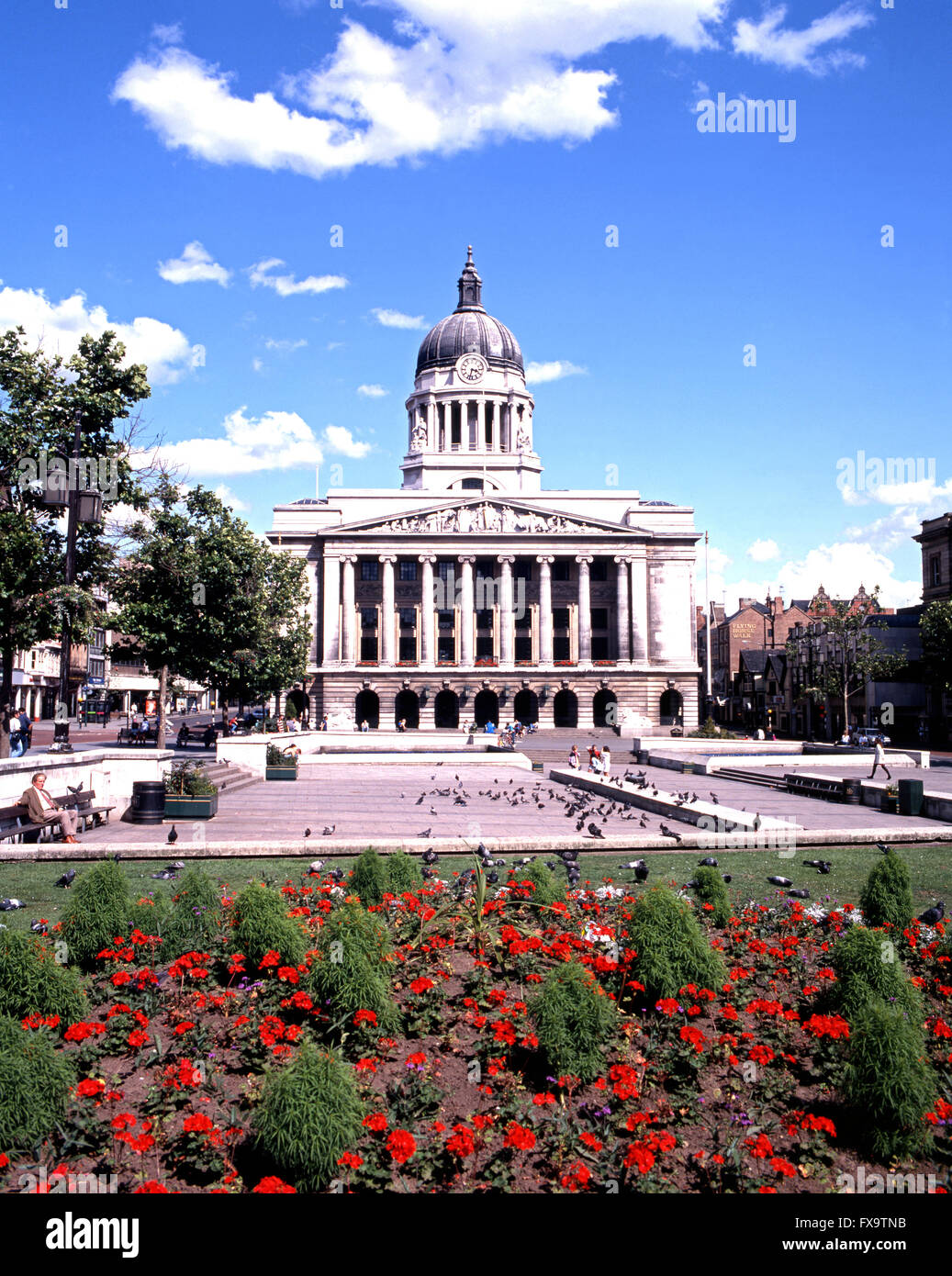 View of the Council House in the old Market Square with pretty flowerbeds in the foreground, Nottingham, Nottinghamshire, UK. Stock Photo