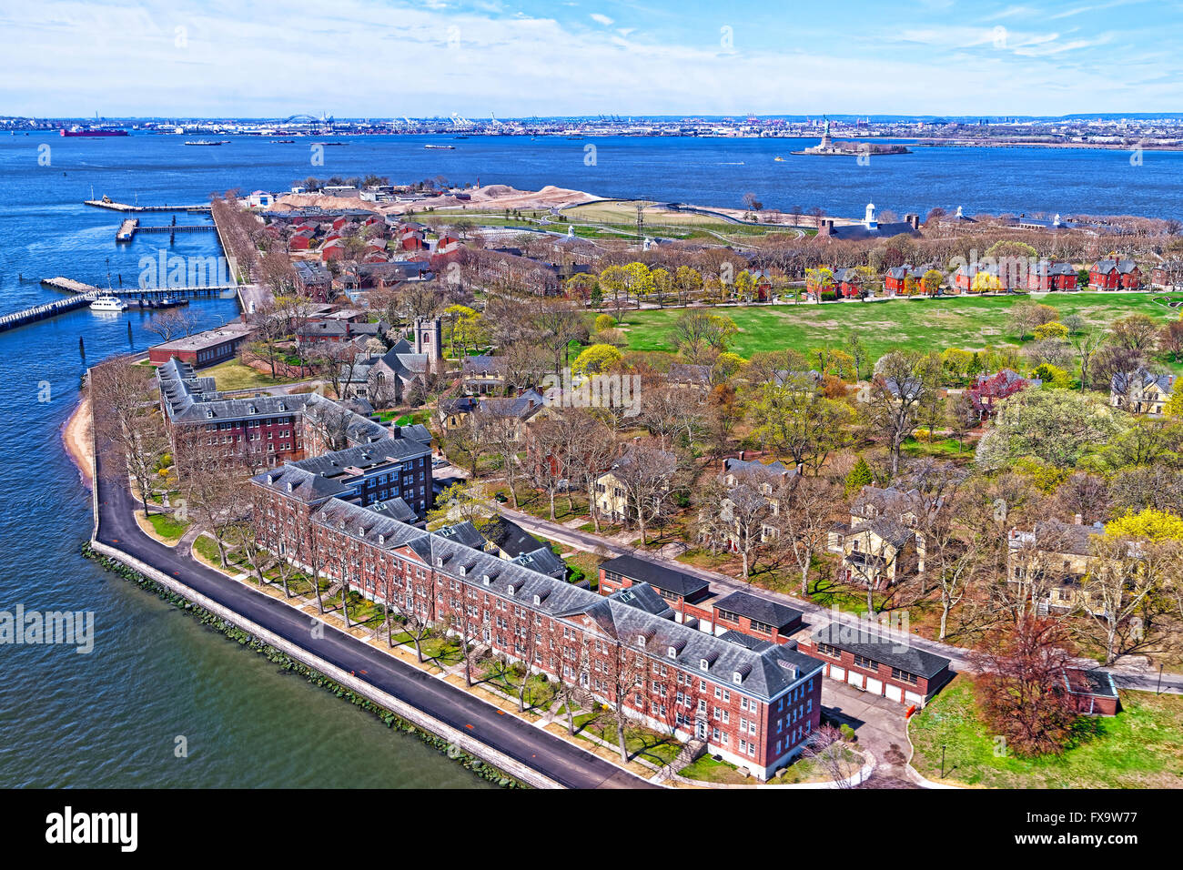 Aerial view from helicopter on Governors Island in Upper New York Bay