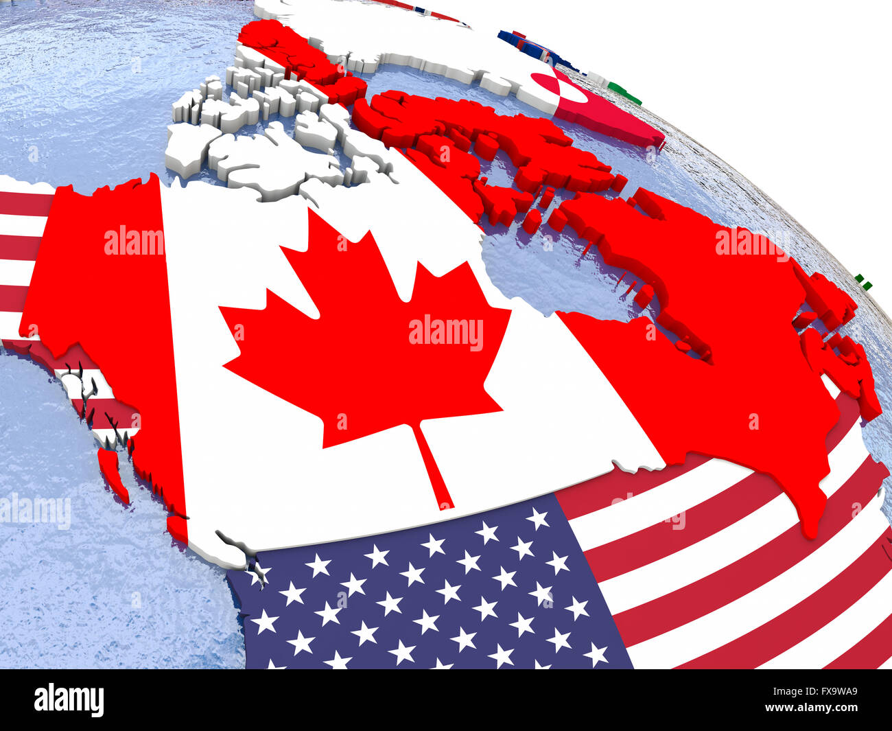 Canada - political map of Canada and surrounding region with each country represented by its national flag. Stock Photo
