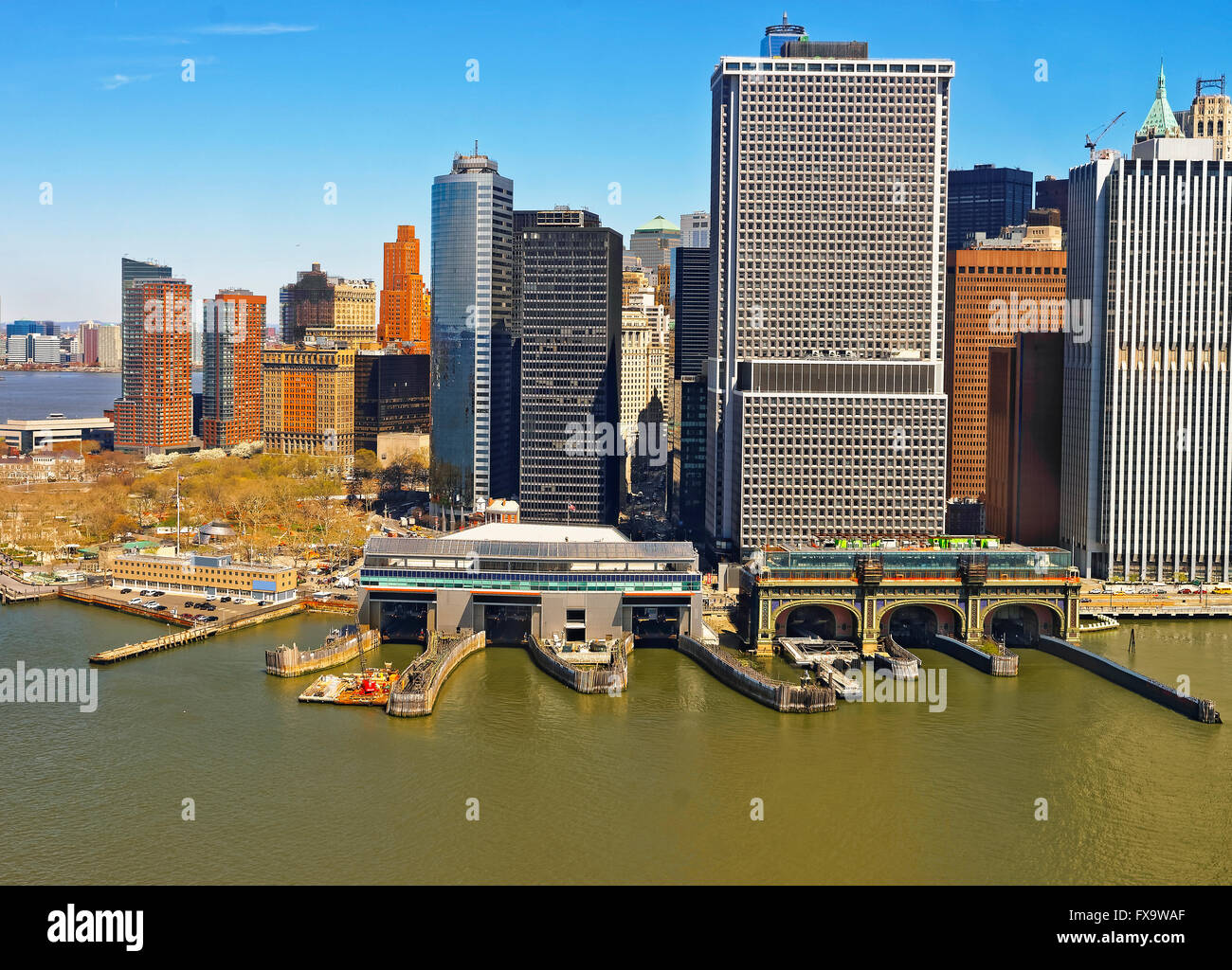 Helicopter view of Lower Manhattan in New York, USA from East River ...