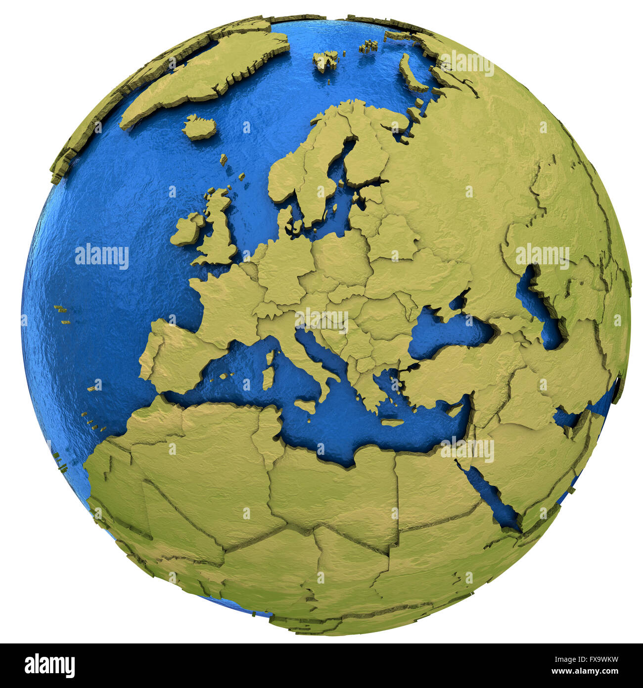 Europe on detailed model of planet Earth with visible country borders ...