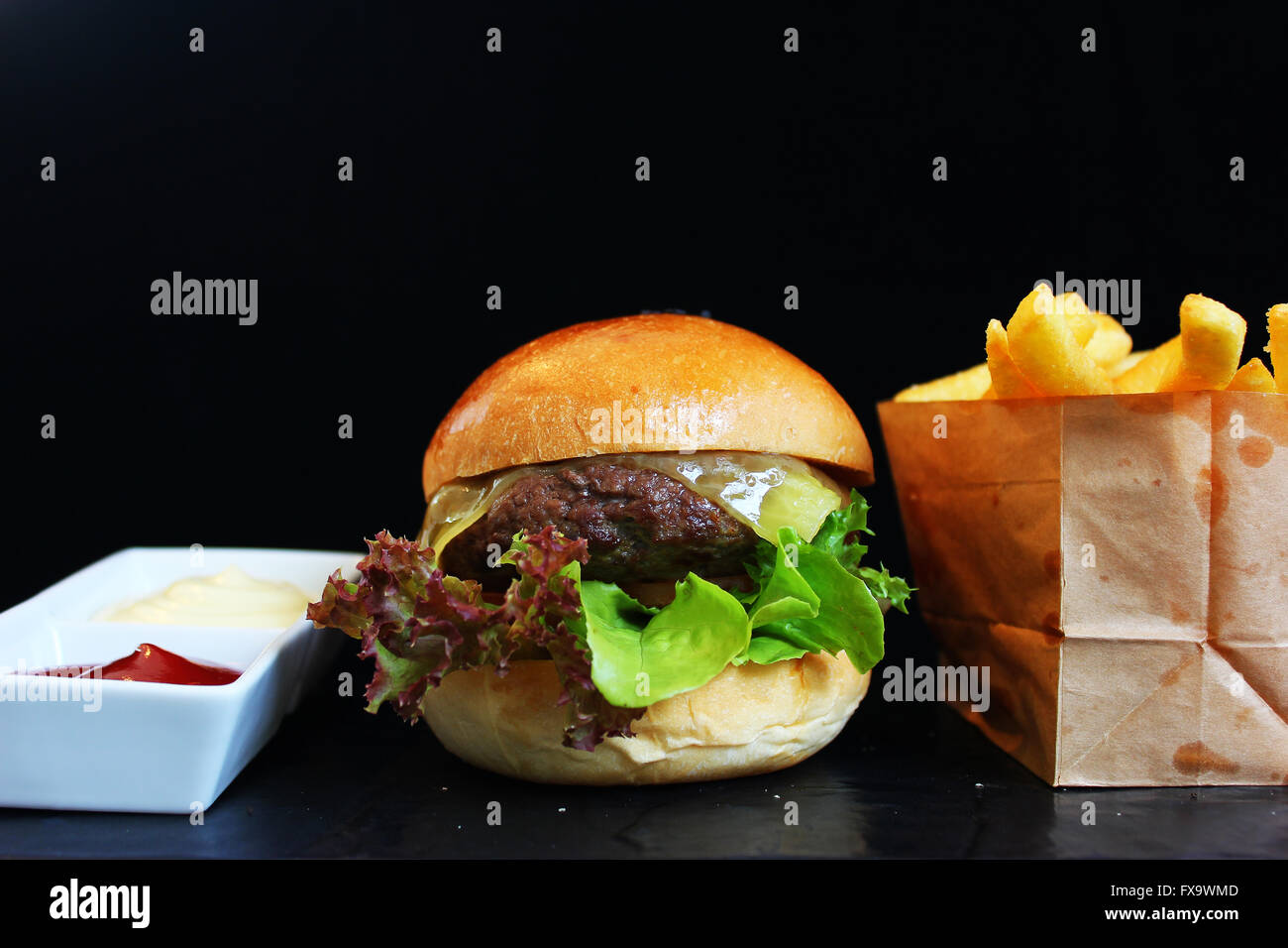 Beef Burger with french fries Stock Photo