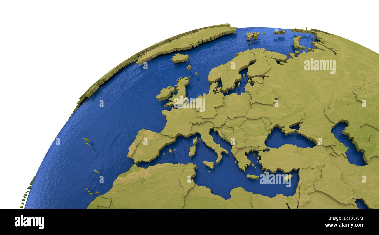 Europe on detailed model of planet Earth with visible country borders ...
