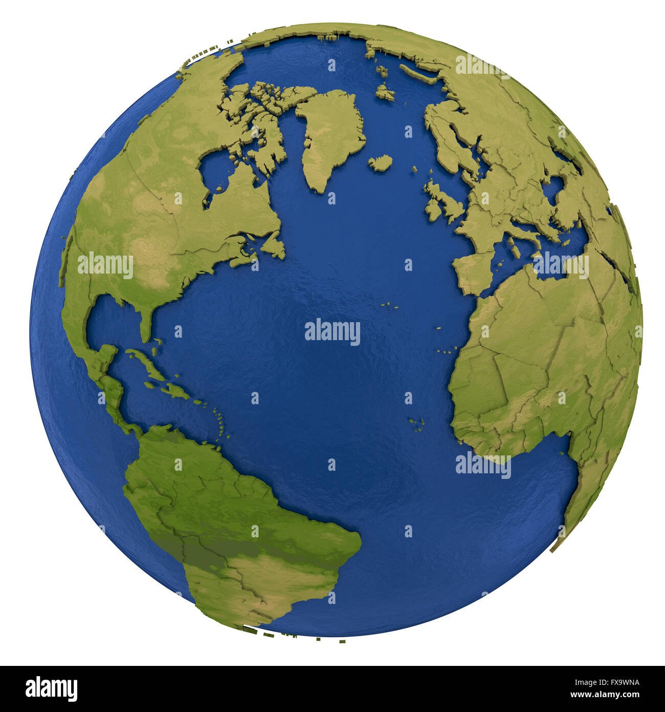 North America and Europe on detailed model of planet Earth with visible ...