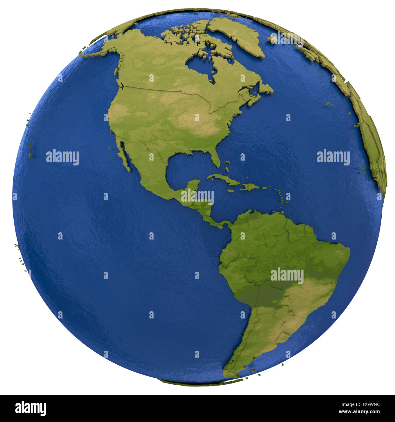 North and South Americas on detailed model of planet Earth with visible ...