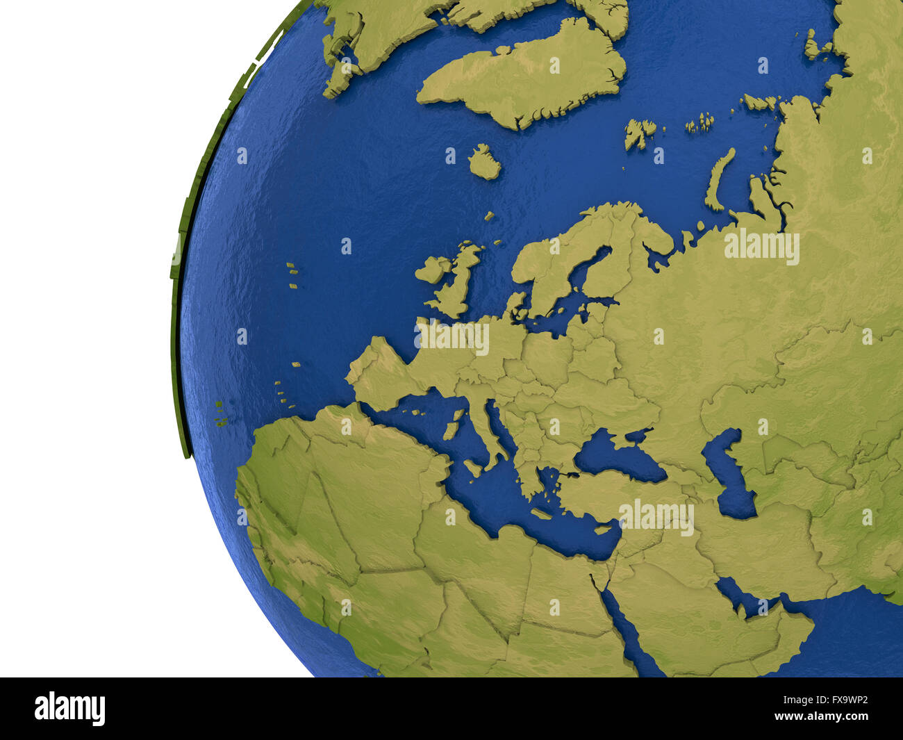 Europe on detailed model of planet Earth with visible country borders ...