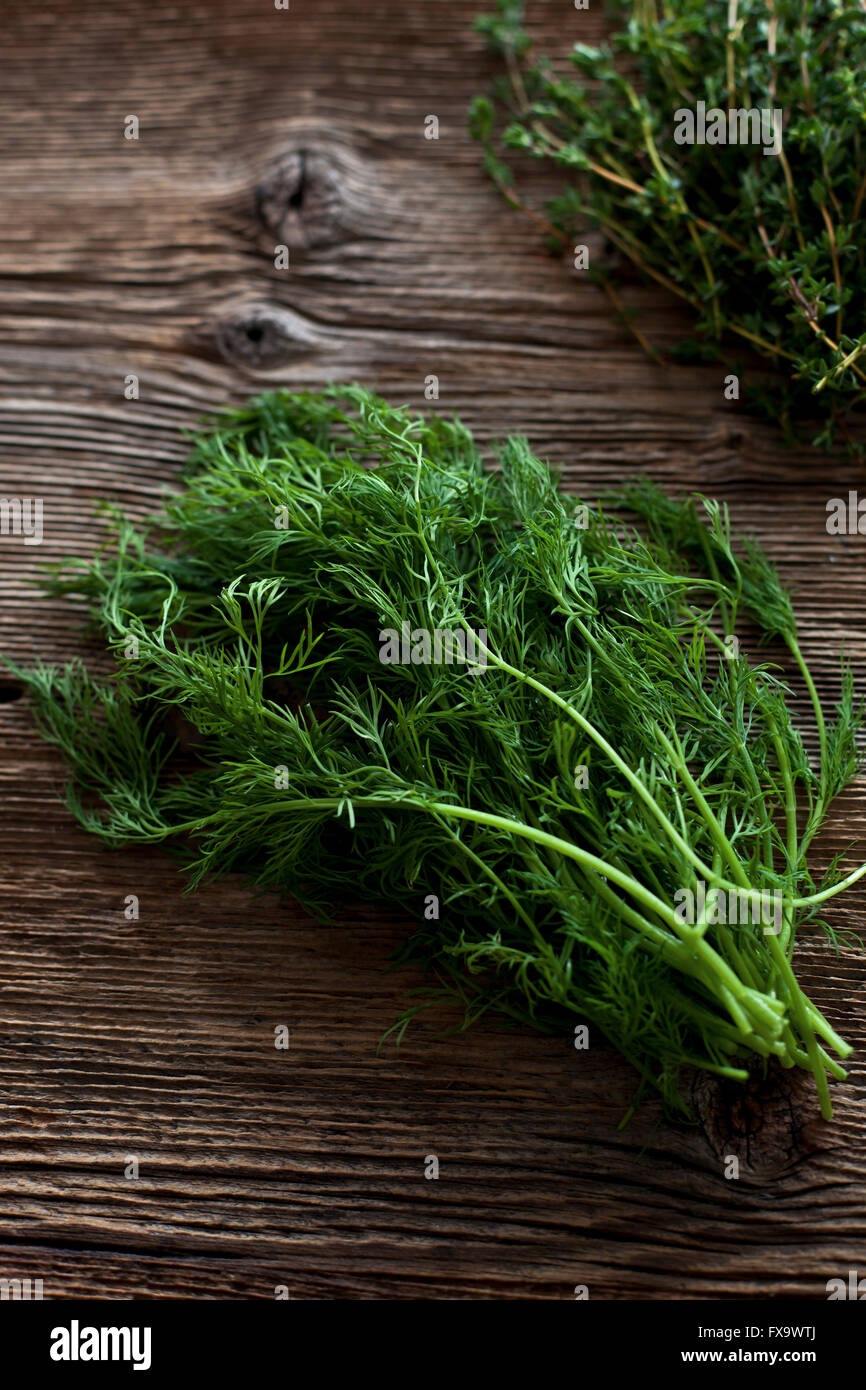 Fresh dill on a wooden table Stock Photo