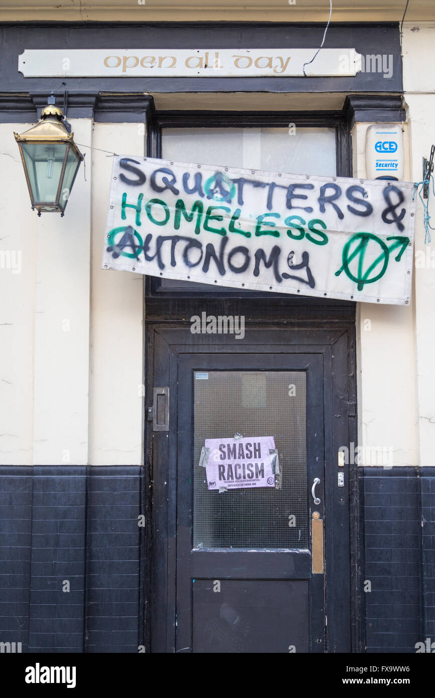 exterior of Mamelon Tower, a disused pub occupied by squatters, in Kentish Town, north London, in September 2015 Stock Photo