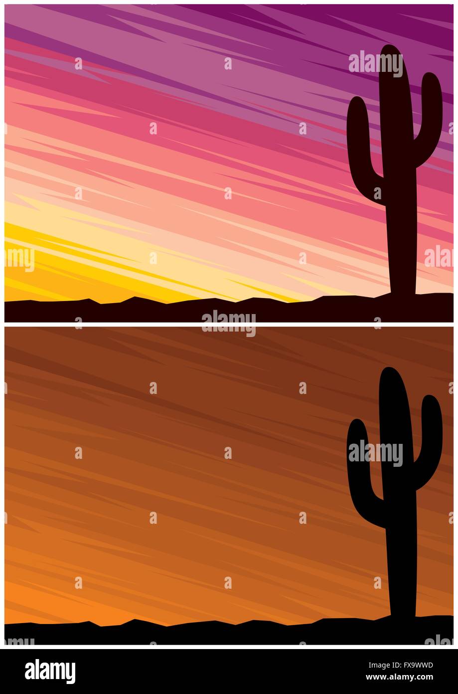 Cartoon landscape of desert at dusk. 2 color variations. A4 proportions. Stock Vector