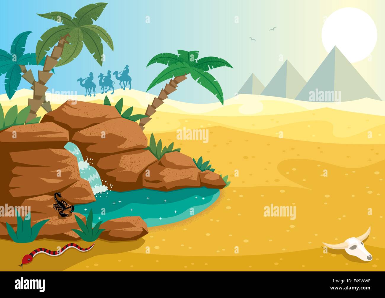 Cartoon illustration of small oasis in the Sahara desert. A4 proportions. Stock Vector