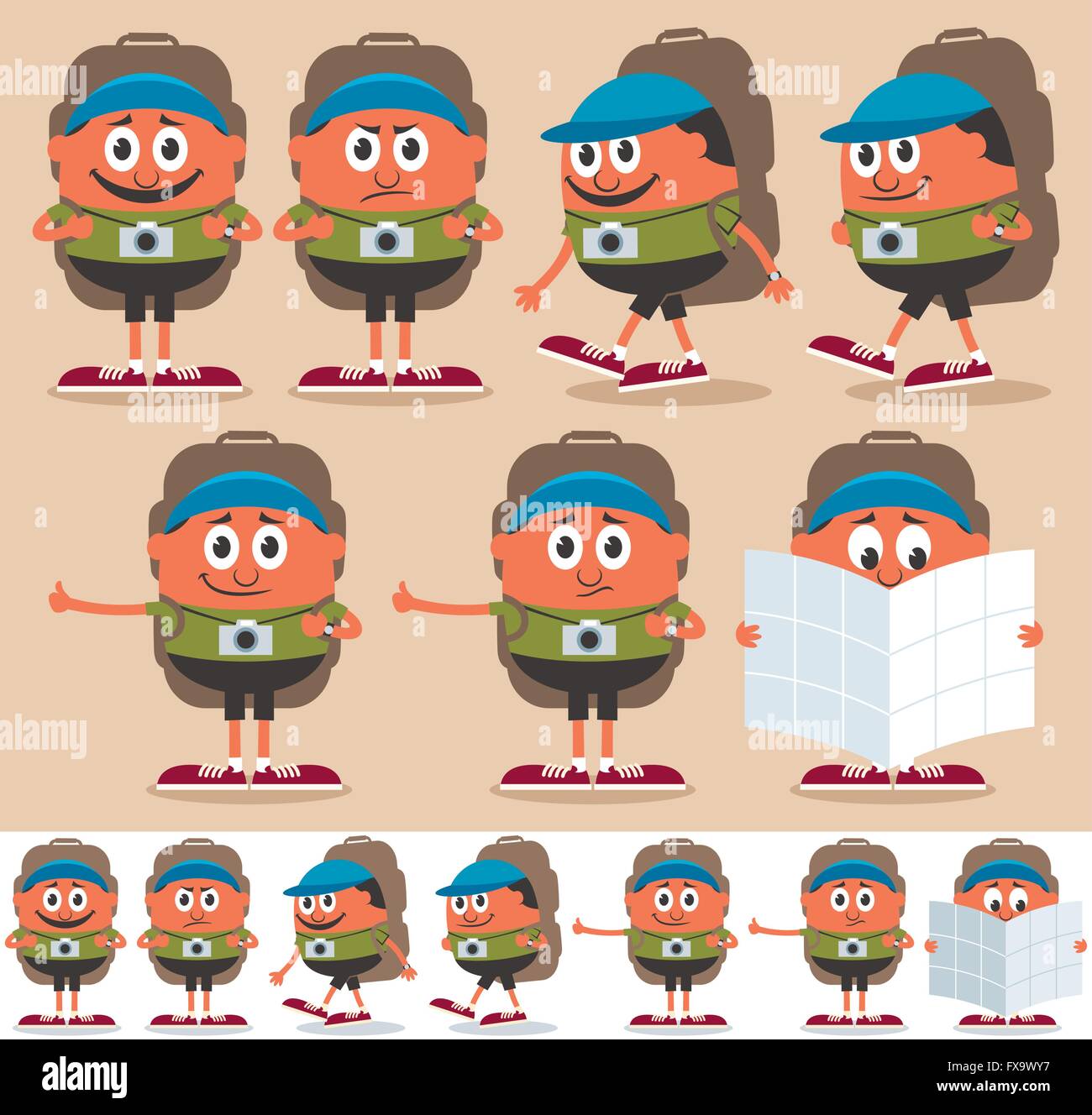 Cartoon backpacker in 7 different poses, each in 2 color versions. Stock Vector