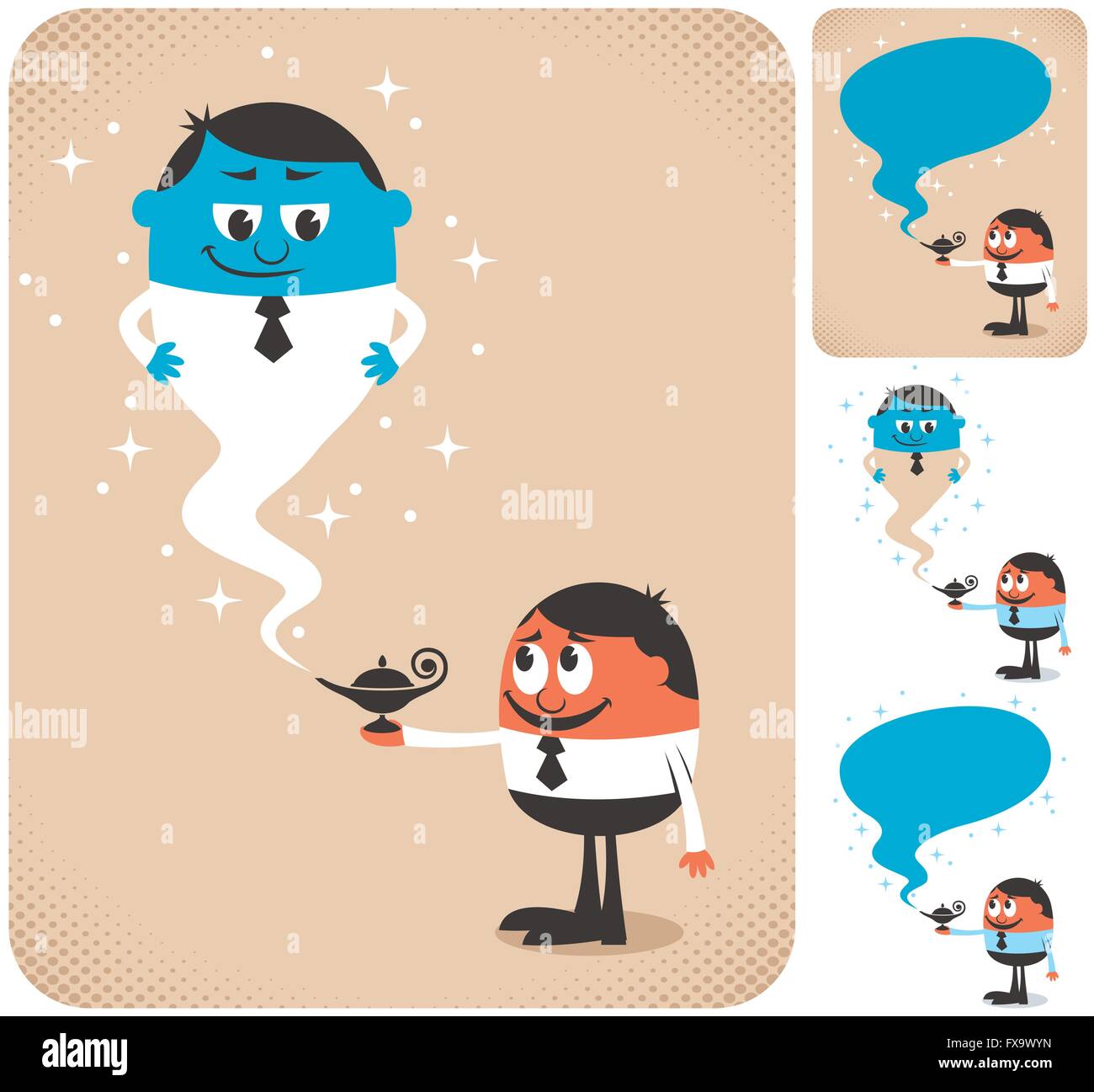 Businessman calling genie to assist him. The illustration is in 4 different versions. Stock Vector