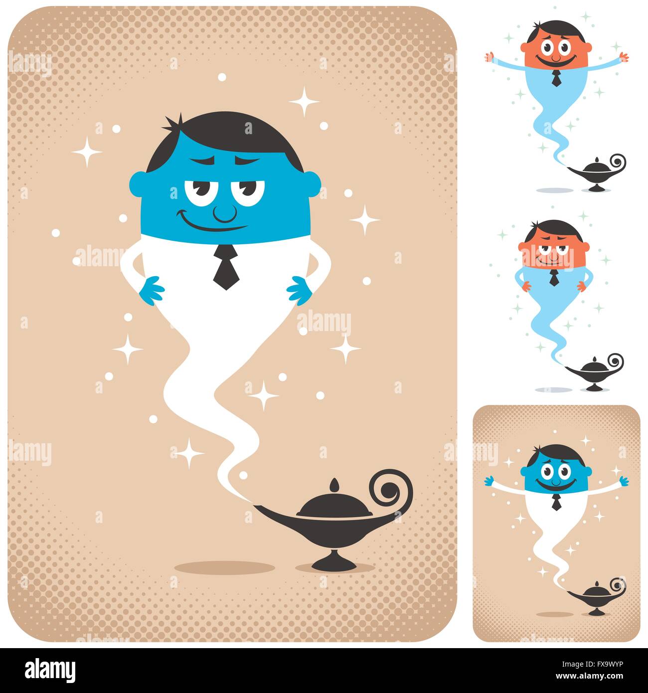 Genie coming out of magic lamp. The illustration is in 4 different versions. Stock Vector