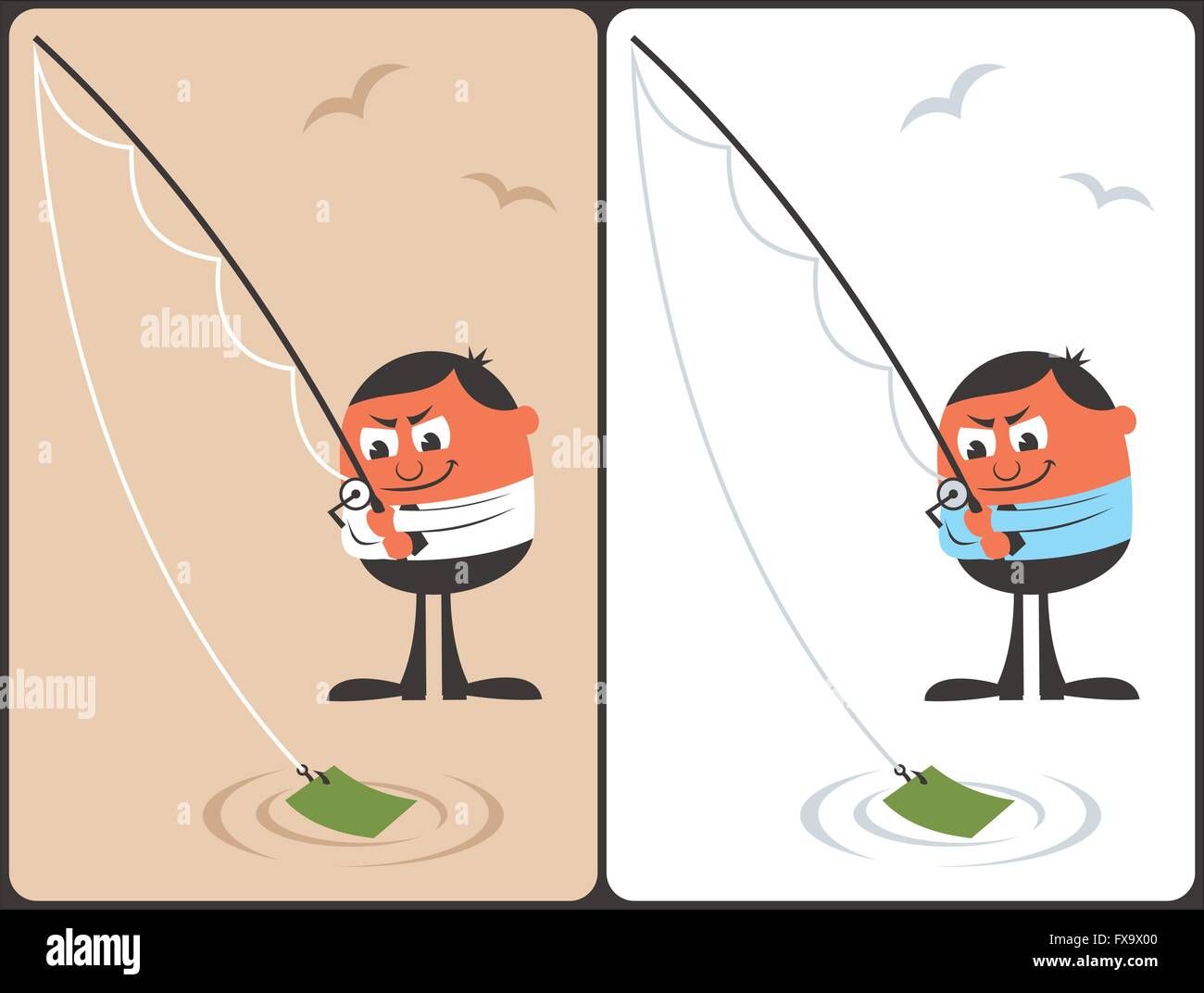 Conceptual illustration with fishing businessman. It is in 2 color versions. No transparency and gradients used. Stock Vector