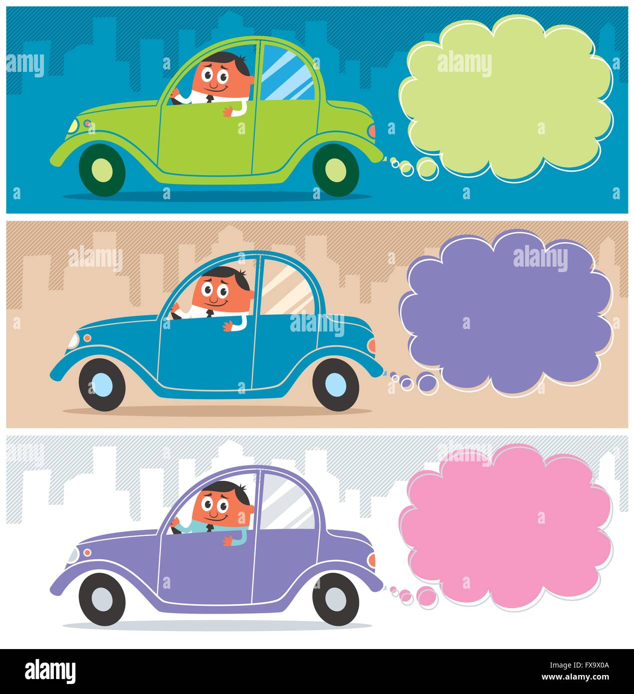Cartoon character driving his car. Use the smoke as a copy space for your message. The illustration is in 3 versions. The size o Stock Vector