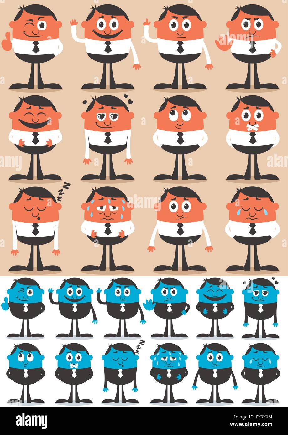 Retro businessman character in 12 different emotions, each in 2 versions. Stock Vector