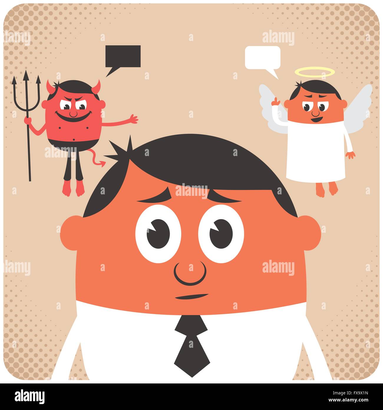 Man trying to make decision. Little angel and devil are giving him advice. No transparency used. Basic (linear) gradients. Stock Vector