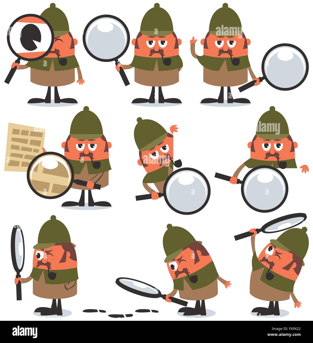 Set of 9 illustrations of cartoon detective. No transparency and gradients used. Stock Vector